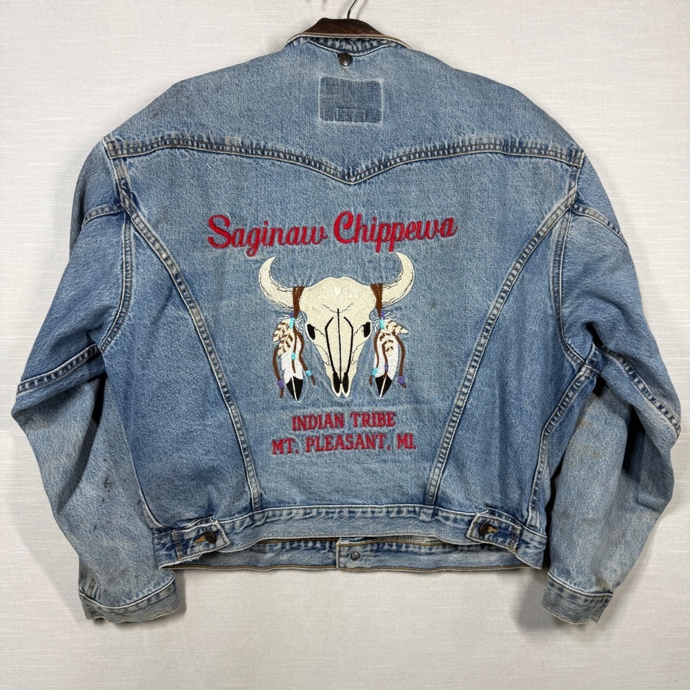Vintage ID Denim Jacket Men L Blue Saginaw‎ Chippewa Tribe Stained Distressed